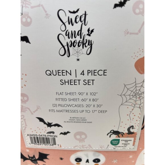 Halloween Sweet & Spooky Queen 4 Pc. Sheet Set Pink Fits 12" Deep Mattress New - Picture 2 of 4